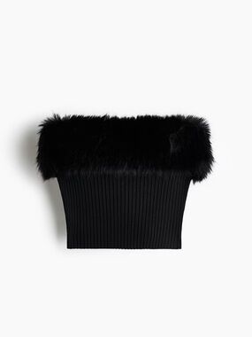 H&M Black Faux-Fur Trim Ribbed Tube Top